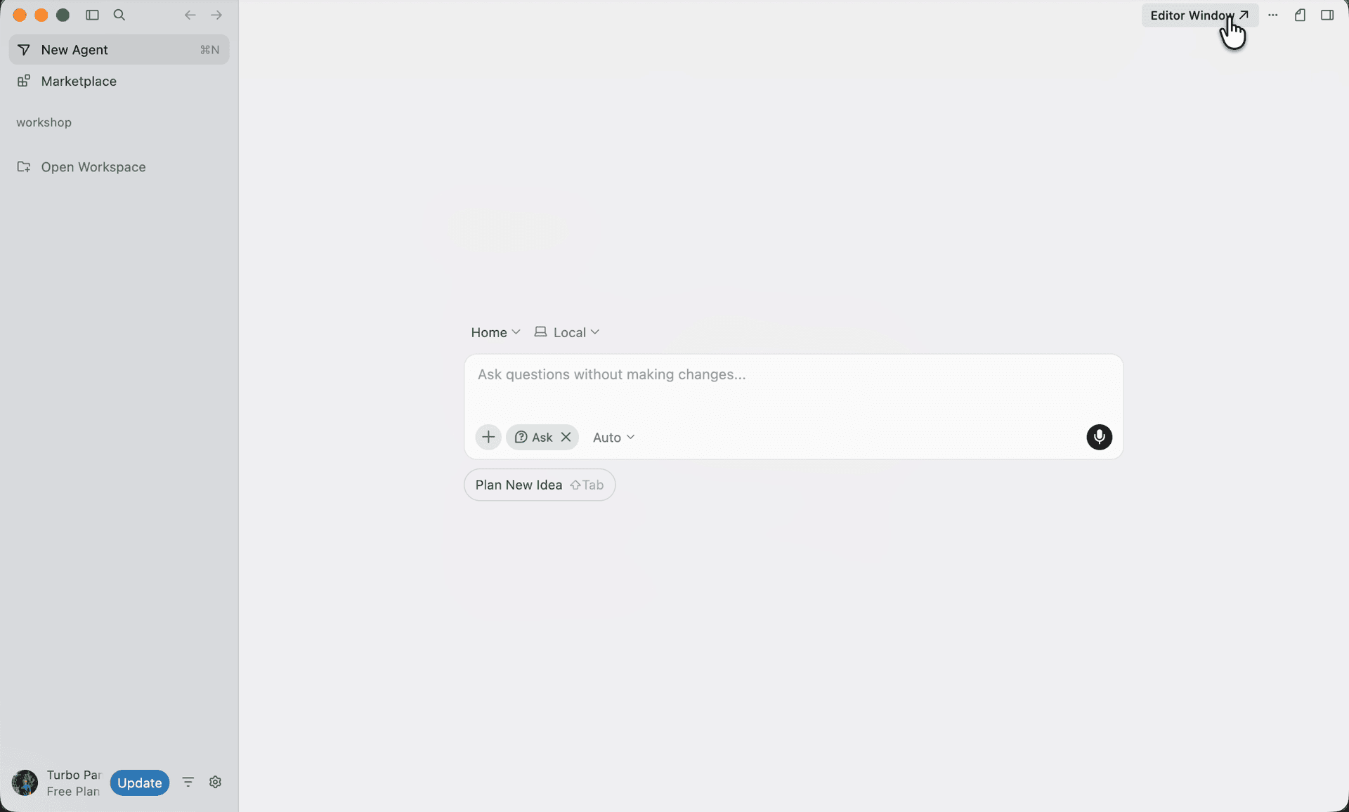 Cursor in Agent mode with the Editor Window button highlighted in the top-right