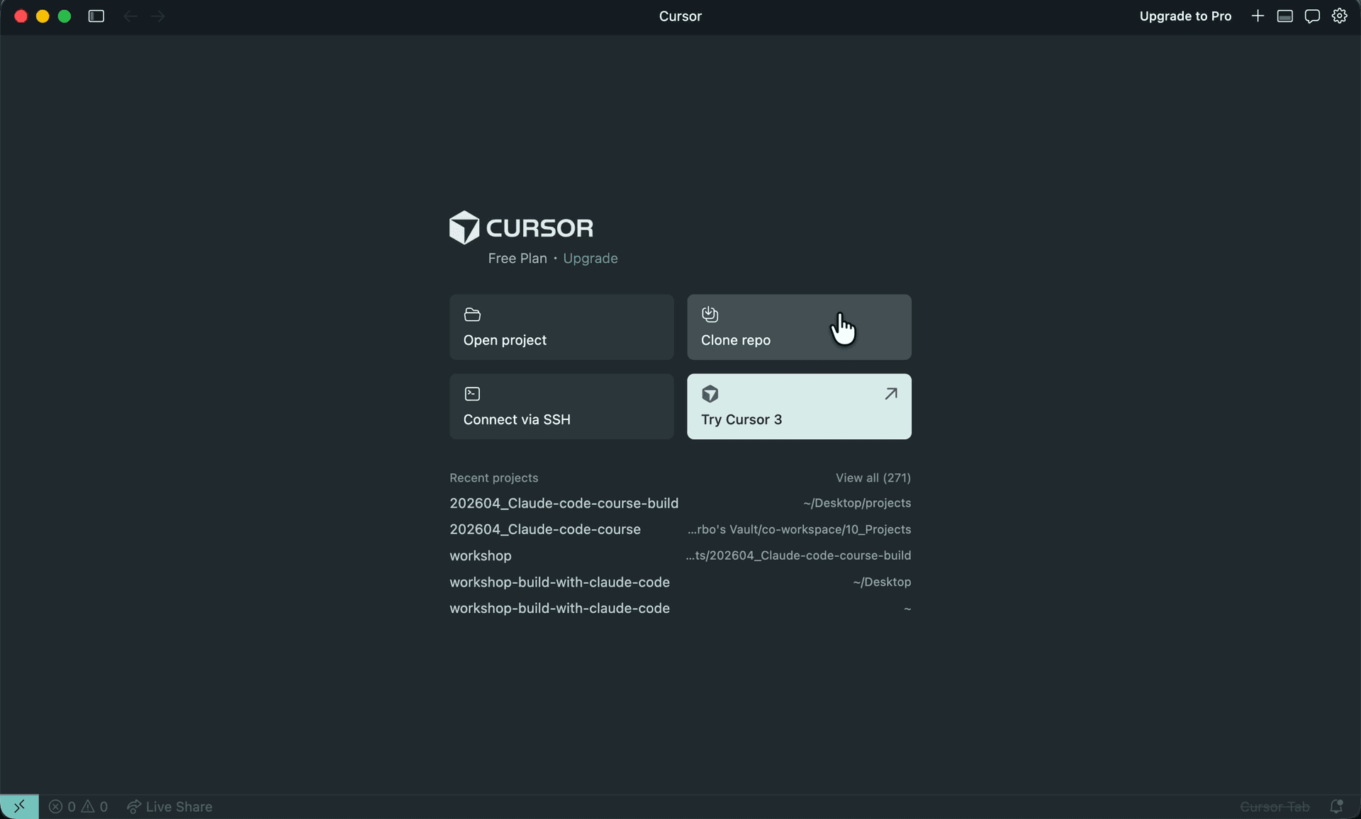 Cursor welcome screen with the Clone repo tile highlighted