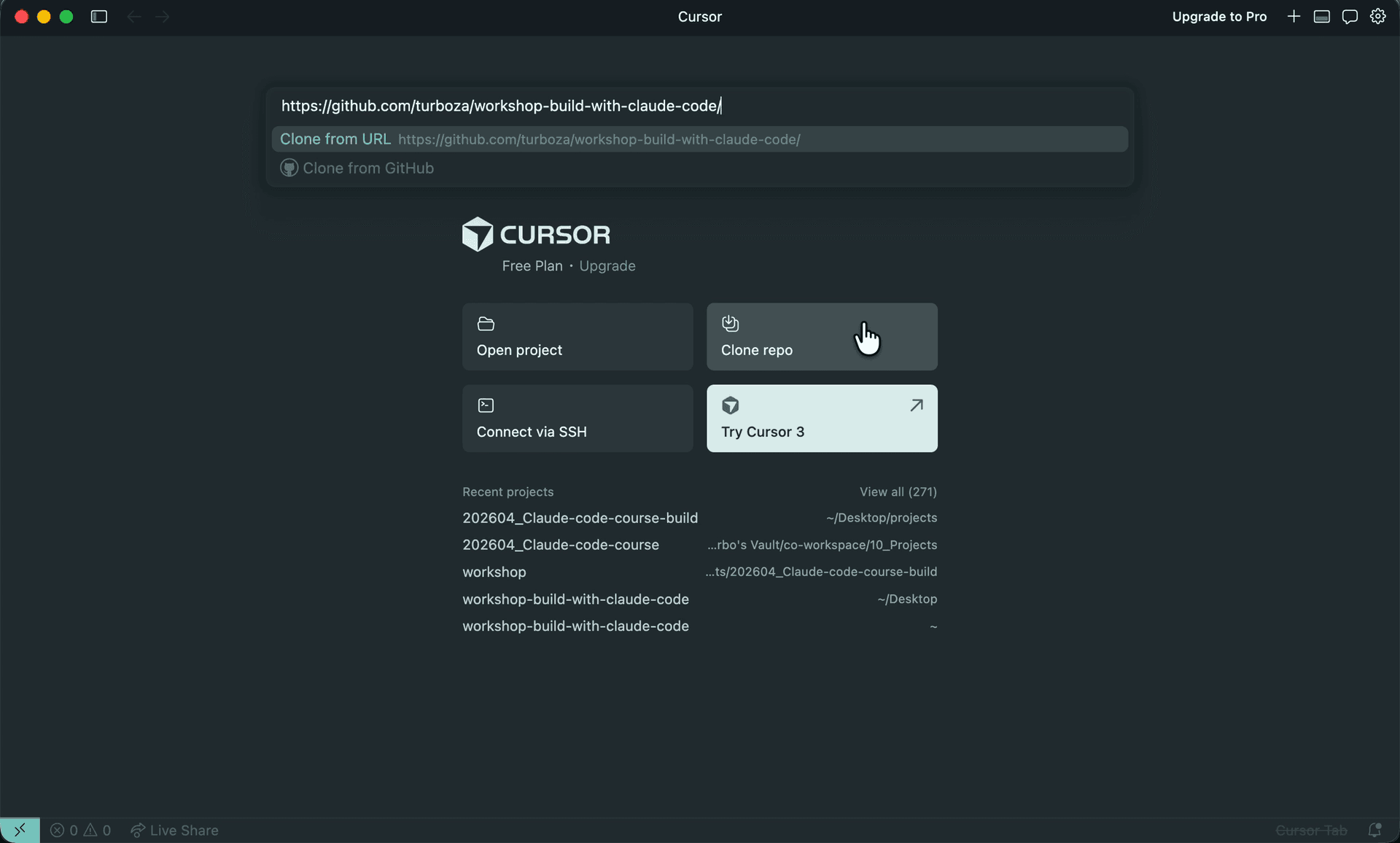 Cursor welcome screen with the Clone repo tile highlighted